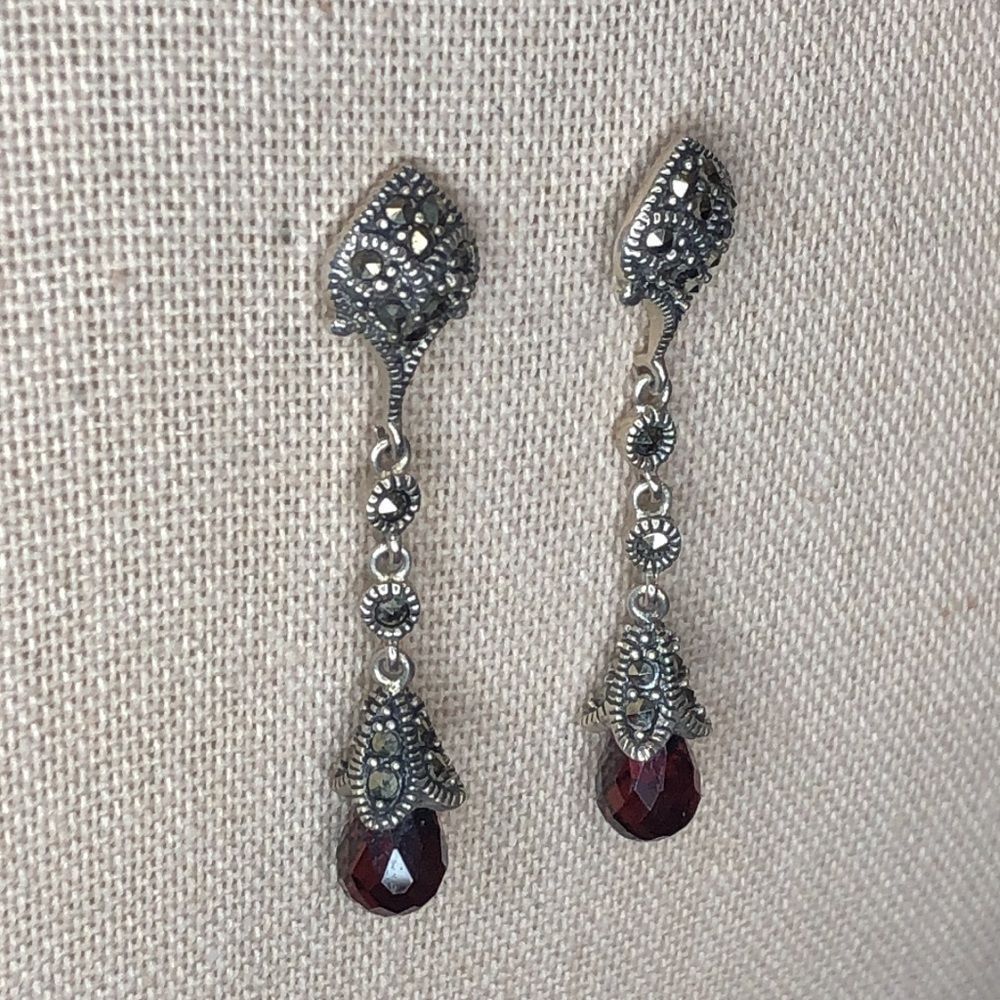Vintage Red Garnet and Marcasite Long Drop Dangle Sterling Silver Earrings - Picture 7 of 14